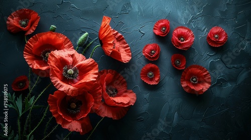 Red poppies on black background. Remembrance Day, Armistice Day symbol © Jennifer