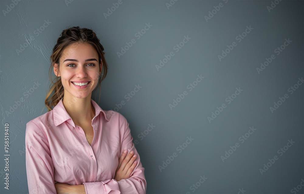 Isolated young businesswoman looking at camera, happy and confident Isolated young businesswoman looking at camera, happy and confident