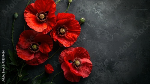 Red poppies on black background. Remembrance Day  Armistice Day symbol