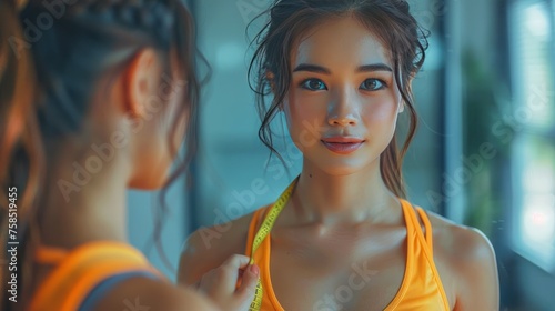 Weight lose, loss concept. Slim body asian young woman hand use tape measuring around waistline in fit sports. Girl looking reflect in mirror at home.