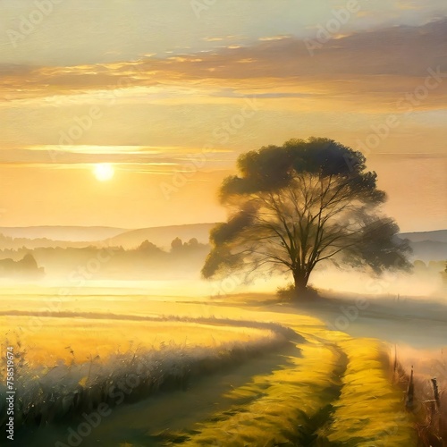 a tranquil early morning in the countryside, where a thin mist blankets the fields u © MOON