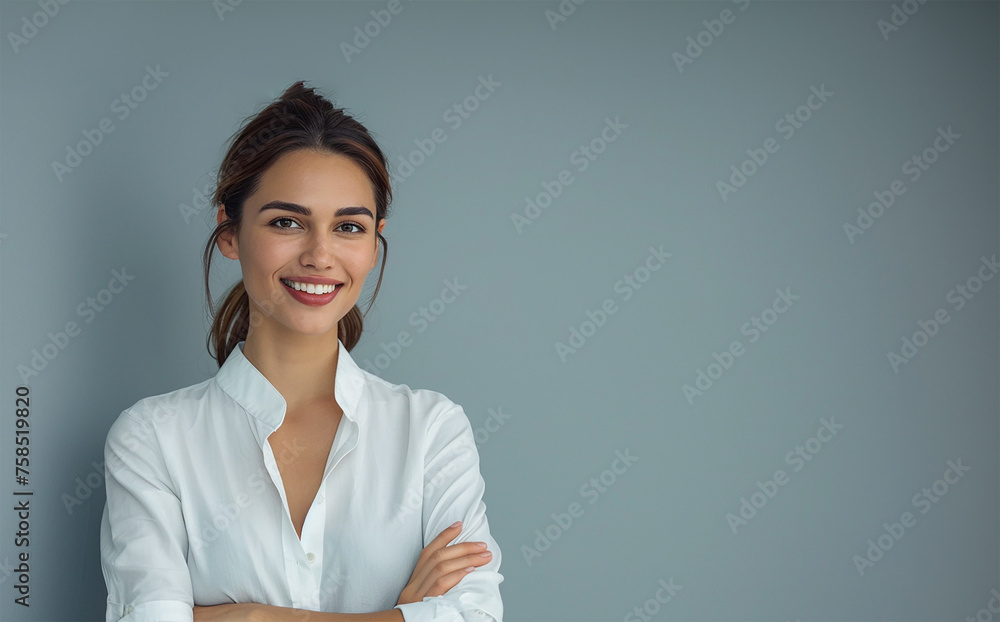 Smiling female in professional attire, arms crossed and poised Smiling female in professional attire, arms crossed and poised