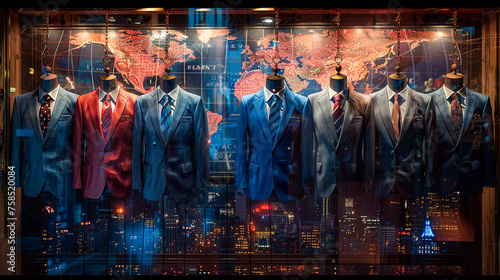 Colorful business suits displayed in a window with a world map background and cityscape reflections