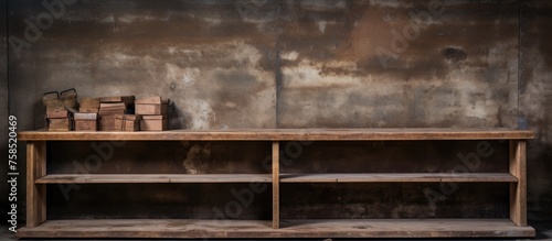 A rectangular wooden shelf with boxes on it, against a brick wall. The hardwood shelf is stained in dark tints, with metal accents and a patterned font design