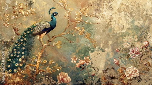 A peacock with a lively and busy Garland, with colorful textiles. Ai generated