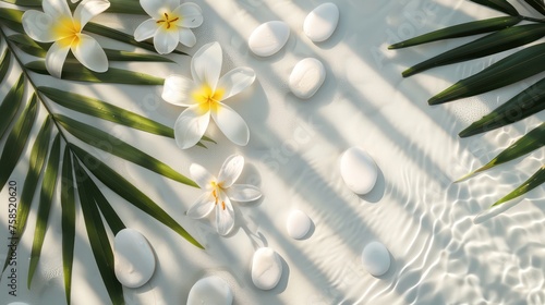 A beautiful spa backdrop showcasing white stones, lily flowers, and sun shadows on a clear, immaculate white water surface with palm leaves.