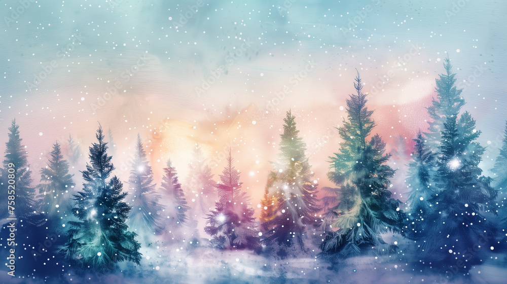 A painting of a snowy forest with trees and a sky