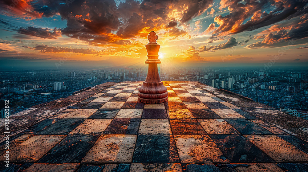 On the edge of a rooftop a chessboard set up with pieces carved to represent various economic sectors stands abandoned