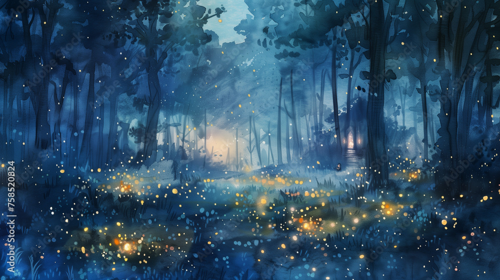 A painting of a forest with a blue sky and a field of fireflies A painting of a forest with a blue sky and a field of fireflies