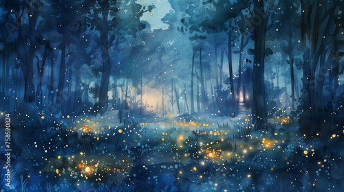 A painting of a forest with a blue sky and a field of fireflies
