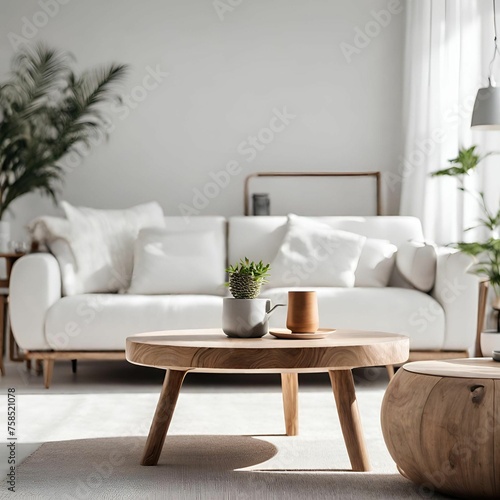 Scandinavian home interior featuring white sofa and round wood coffee table