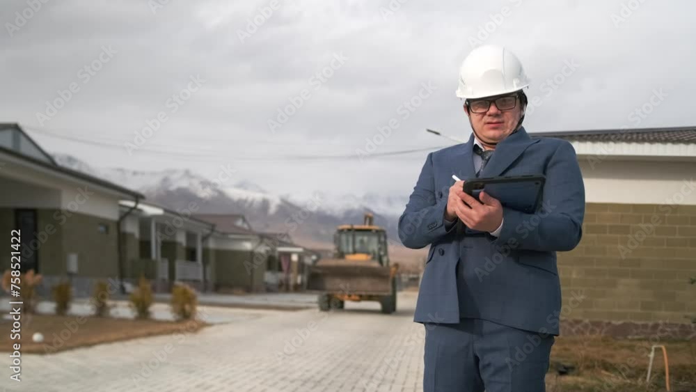 Manager contractor of construction site takes notes with stylus on digital tablet standing in protective white helmet on road past passing excavator loader. Manager contractor of construction site takes notes with stylus on digital tablet standing in protective white helmet on road past passing excavator loader.