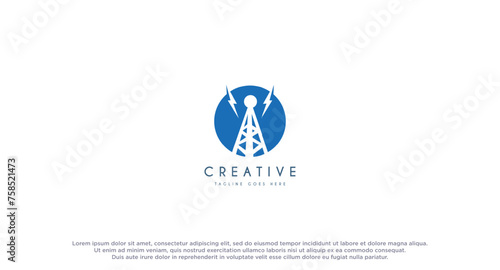 Energy company logo. High voltage tower on a blue background