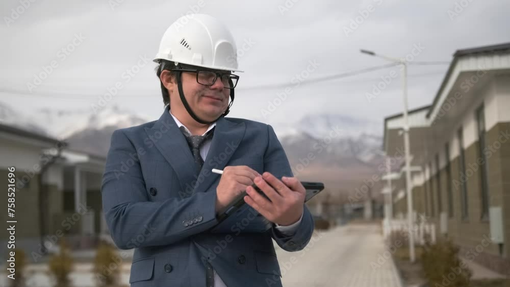 Glad businessman architect in white hard hat helmet and standing on street village, make new building inspection, with tablet and stylus in hands and takes notes. Glad businessman architect in white hard hat helmet and standing on street village, make new building inspection, with tablet and stylus in hands and takes notes.