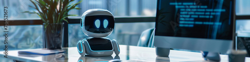 A robotic chatbot sits on a desk beside a computer screen displaying a customer service interface. Banner.