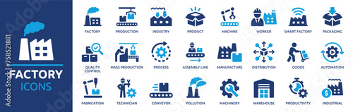 Factory icon set. Containing industry, production, machine, manufacture, warehouse, fabrication, goods and more. Solid vector icons collection. © Icons-Studio