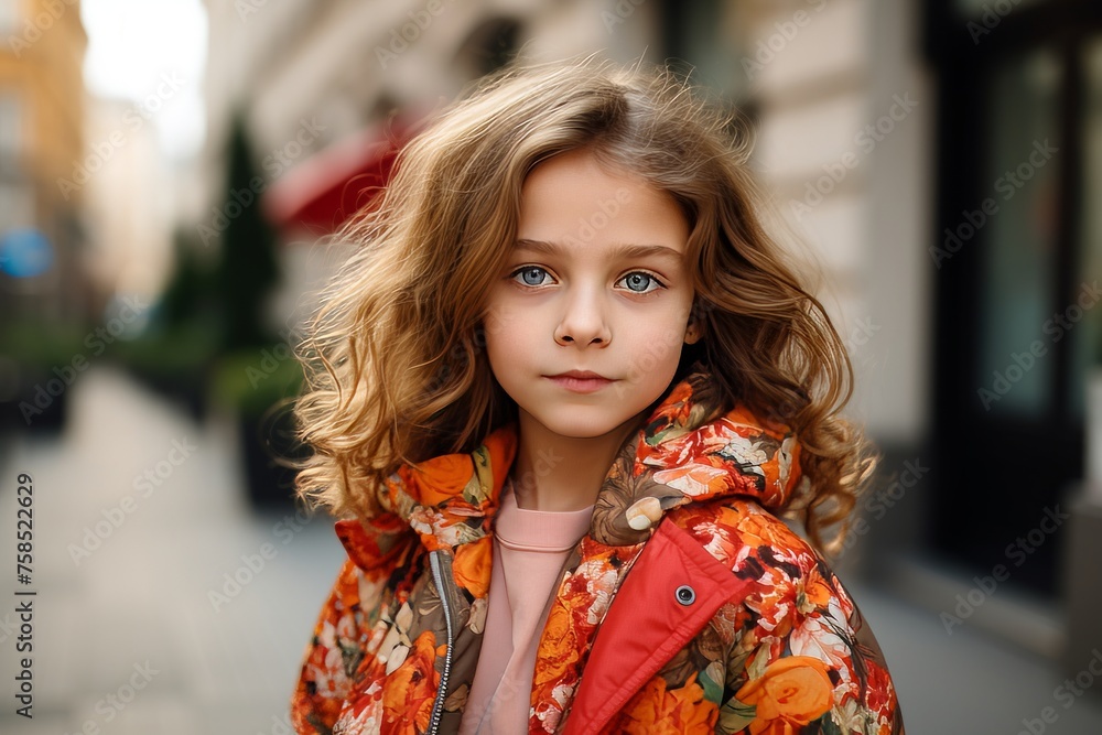 Portrait of a beautiful little girl with curly hair in a bright jacket on the street. Portrait of a beautiful little girl with curly hair in a bright jacket on the street.