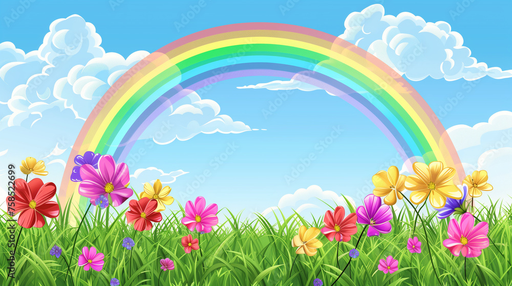 A rainbow stretches across the sky above a vibrant field of colorful flowers. Cartoon spring or summer mood background, copy space.