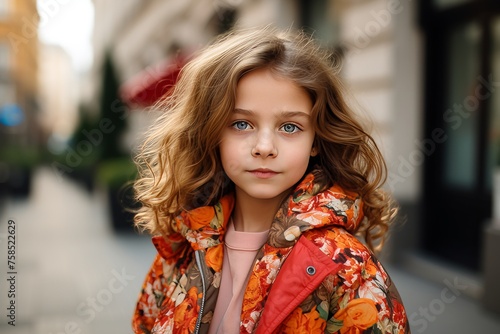 Portrait of a beautiful little girl with curly hair in a bright jacket on the street.