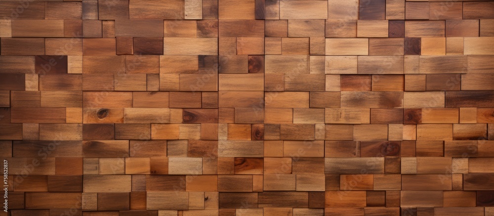A close up of a brown hardwood wall made of rectangular squares with a beige wood stain. The wall looks like brickwork and is a durable building material for flooring A close up of a brown hardwood wall made of rectangular squares with a beige wood stain. The wall looks like brickwork and is a durable building material for flooring