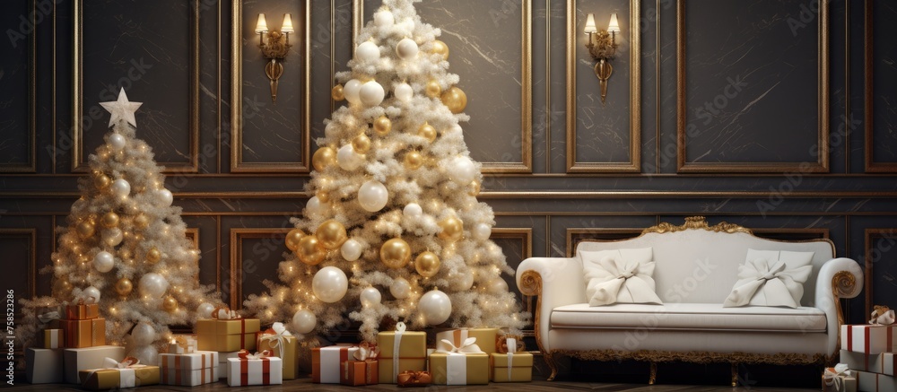 An interior design featuring a living room with two Christmas trees, a cozy couch, and hardwood flooring decorated with Christmas decorations for the holiday event An interior design featuring a living room with two Christmas trees, a cozy couch, and hardwood flooring decorated with Christmas decorations for the holiday event