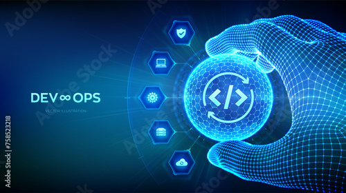 Devops. Agile development and optimization concept in the shape of sphere with hexagon pattern in wireframe hand. Software engineering. Software development practices methodology. Vector illustration.