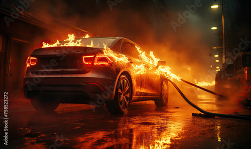 An electric car caught fire while charging at night.