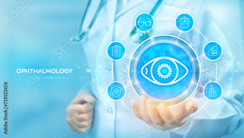Ophthalmology. Ophthalmologist consultation. Eye Exam. Laser Surgery. Choosing glasses. Doctor holding in hand Eye icon and medicine icons network connection on virtual screen. Vector illustration.