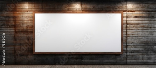 A rectangular whiteboard, made of glass or wood, is displayed on a brick wall with tints and shades. It serves as a projector or computer monitor accessory for projecting fonts and graphics