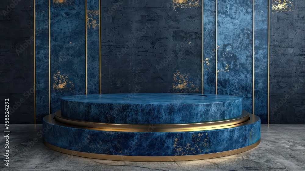 Elegant backdrop featuring a circular podium in rich blue and gold shades, reminiscent of classic Victorian style, designed for presenting products.
