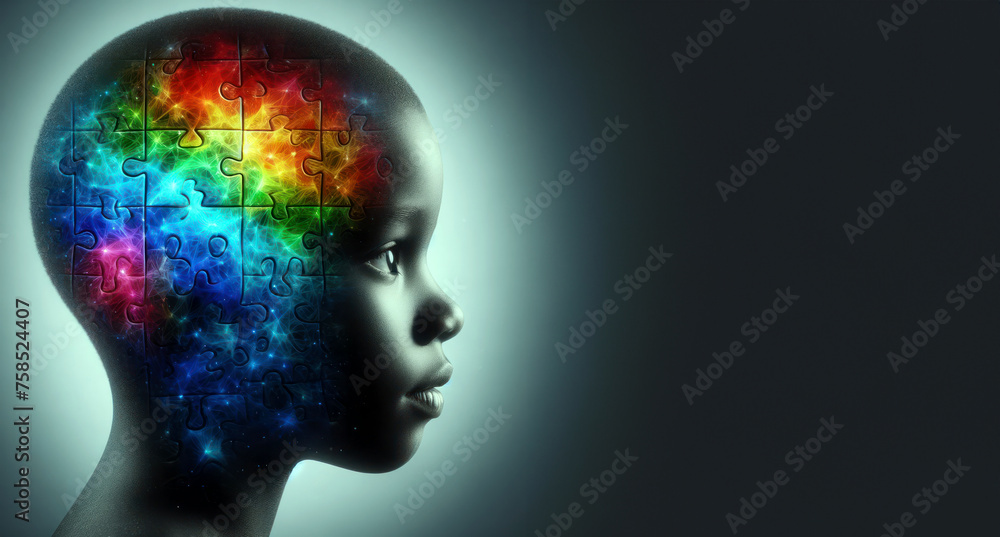 On dark background with copy space, close-up head of bald dark-skinned boy with creative brain made of colorful puzzle pieces symbolizing unusual inner world and colorful shades of autism