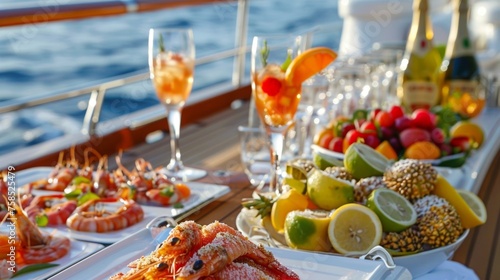 The yachts deck adorned with exotic fruits colorful cocktails and freshly caught seafood all arranged in an elegant and artistic display.