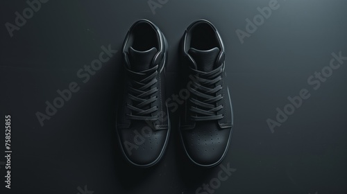 Stylish Black Sneakers on Dark Background, Modern Casual Footwear Fashion, Top View 