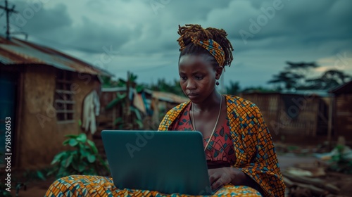 African Woman Using Laptop in Rural Village, Bridging Digital Divide, Cultural and Technological Integration
