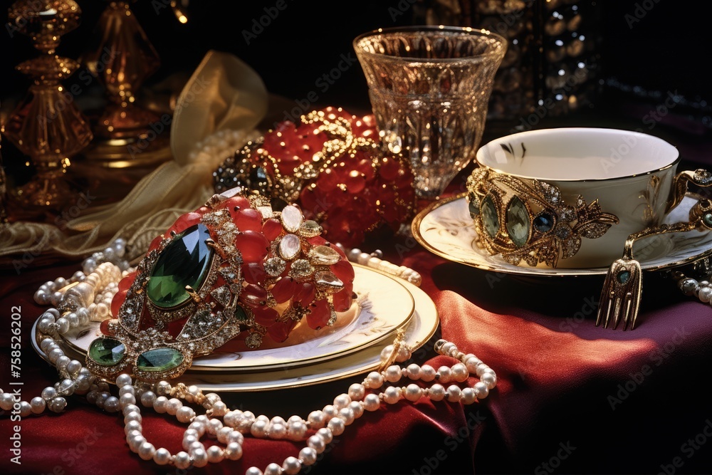 Holiday Feast: Jewelry on a table set for a lavish holiday feast.