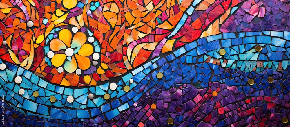 A beautiful stained glass window adorned with intricate flower patterns, created with vibrant electric blue glass and handpainted details, showcasing the artistry of textile and visual arts