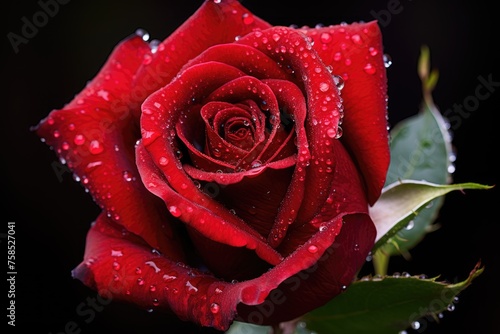 A single red rosebud with dewdrops on the petals.