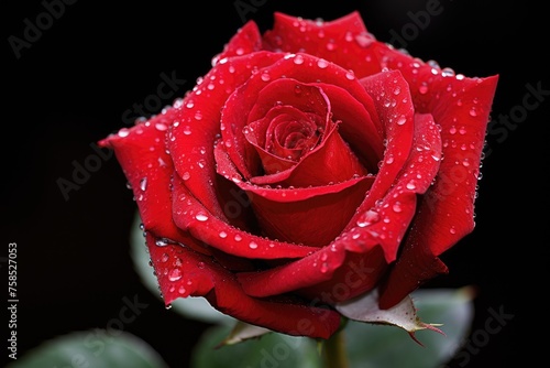 A single red rosebud with dewdrops on the petals.