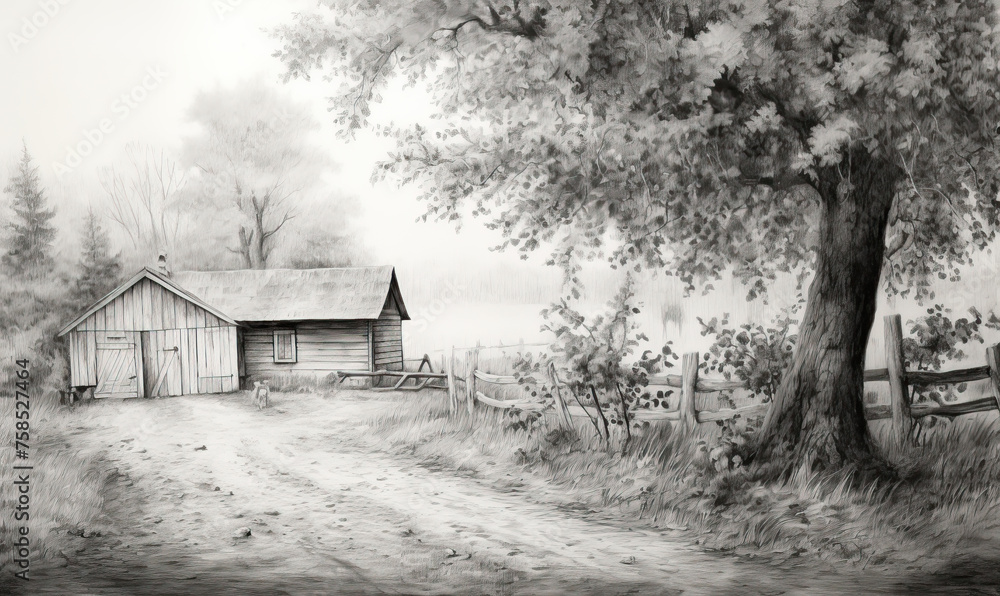 Black and white pencil drawing of a natural landscape. Black and white pencil drawing of a natural landscape.