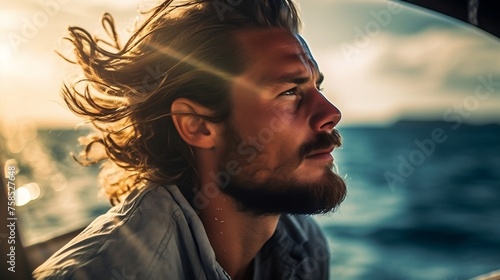 Man in sailboat cockpit at sunset with serious expression
