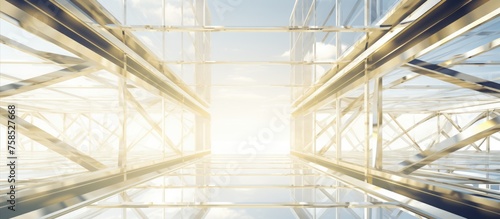 Steel Structure with Gold and Glass Plate with White Texture Pattern Background.