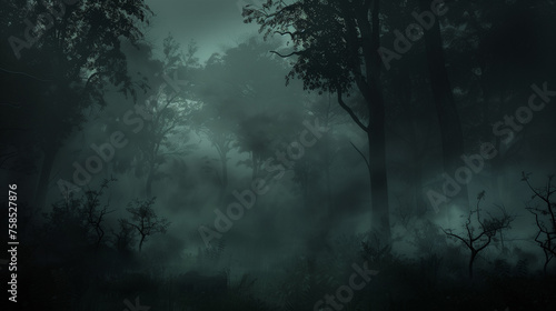 A dark and mysterious forest shrouded in thick fog, with shadowy figures among the many trees. Halloween theme, copy space.