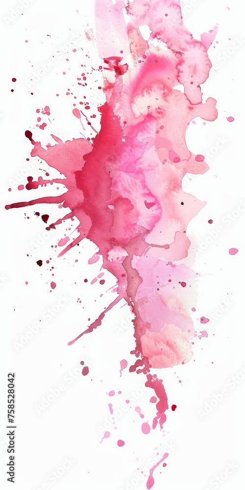 A delicate array of pink watercolor splashes cascade down a white background, embodying a gentle yet chaotic beauty.
