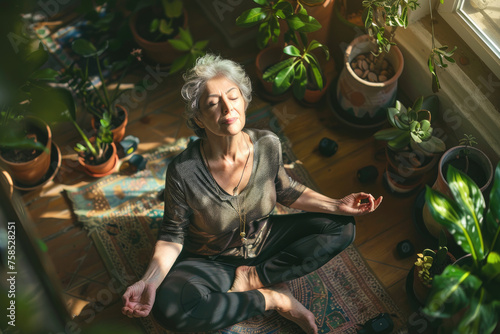 A senior woman meditates in her home, sitting on the floor with dumbbells and green plants around. She is wearing yoga pants and an elegant top © Kien