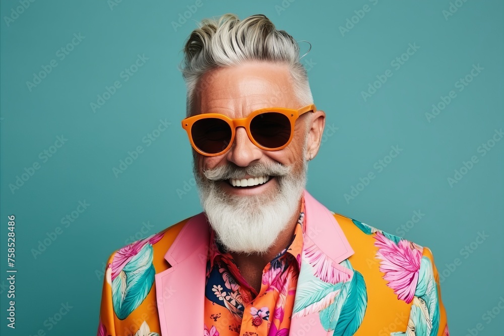 Cheerful senior man in stylish sunglasses on a blue background. Cheerful senior man in stylish sunglasses on a blue background.
