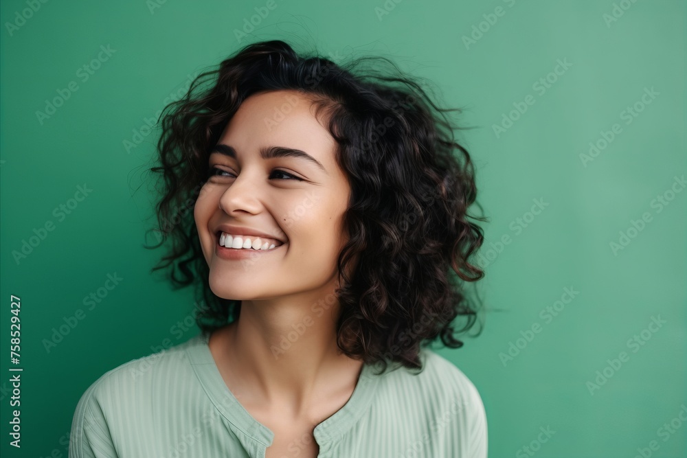 Portrait of a beautiful young woman with curly hair on a green background Portrait of a beautiful young woman with curly hair on a green background