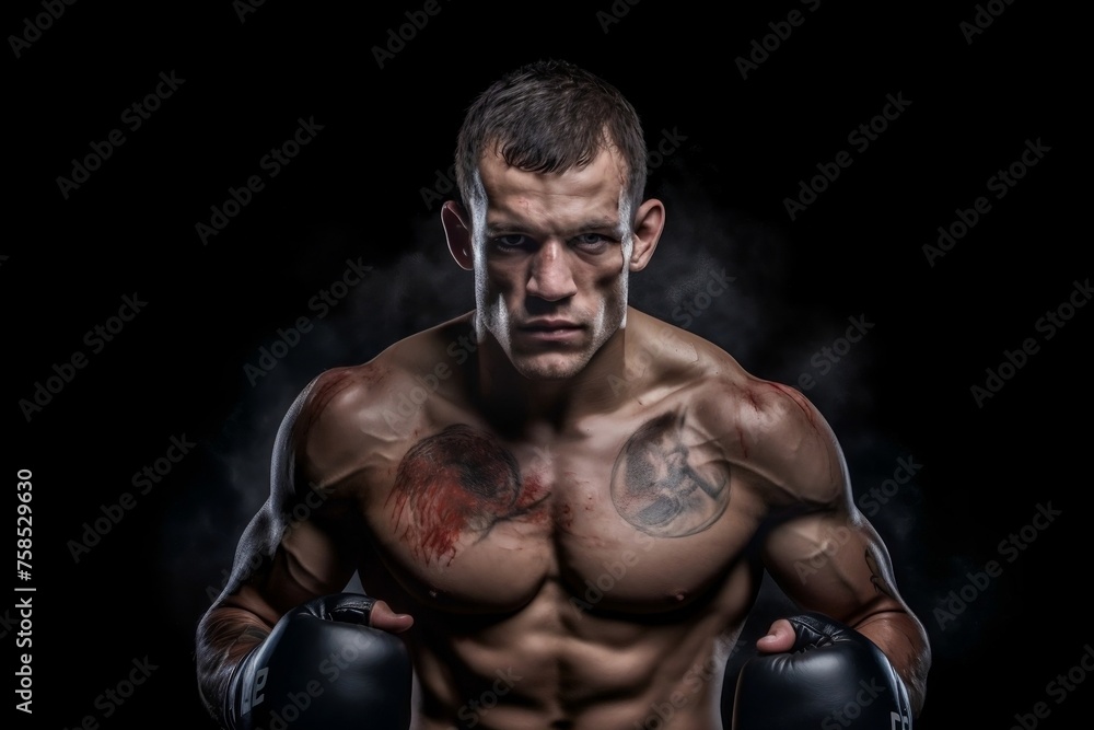 Portrait of a Determined Male Boxer with Tattoos and Black Gloves
