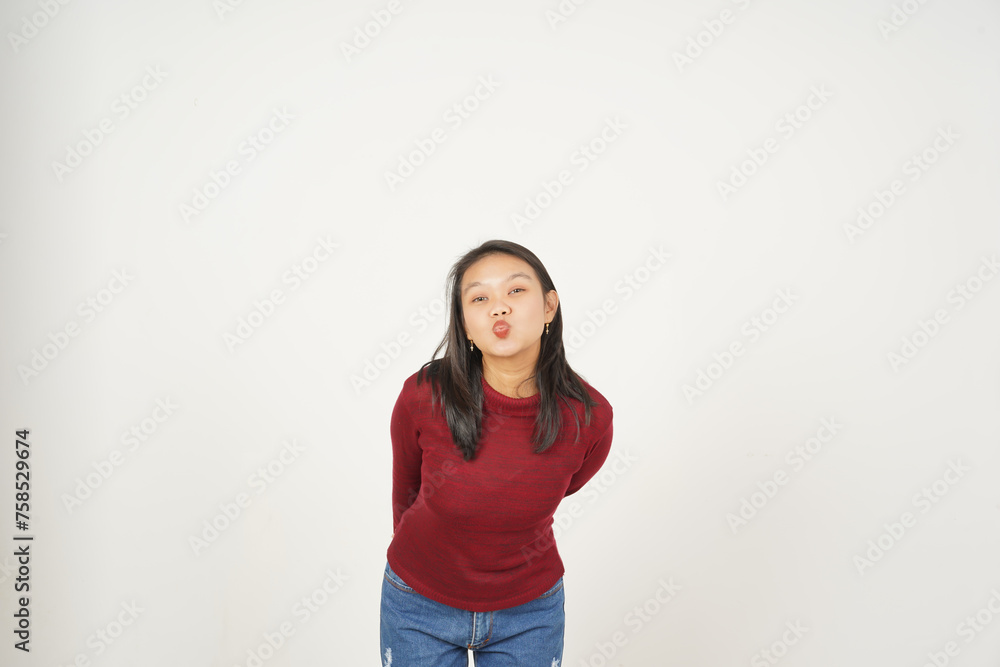 Young Asian woman in Red t-shirt Blowing Kiss isolated on white background Young Asian woman in Red t-shirt Blowing Kiss isolated on white background