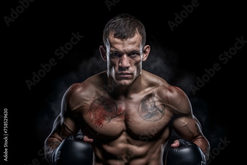 Portrait of a Determined Male Boxer with Tattoos and Black Gloves  © Creative Universe