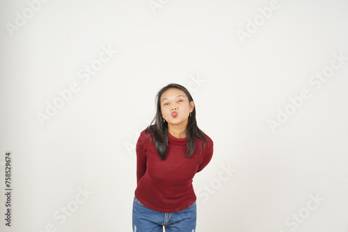 Young Asian woman in Red t-shirt Blowing Kiss isolated on white background